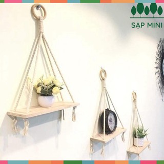 Kệ gỗ trang trí treo dây thừng có khoen gỗ, kệ gỗ quế nguyên tấm, tặng kèm móc treo