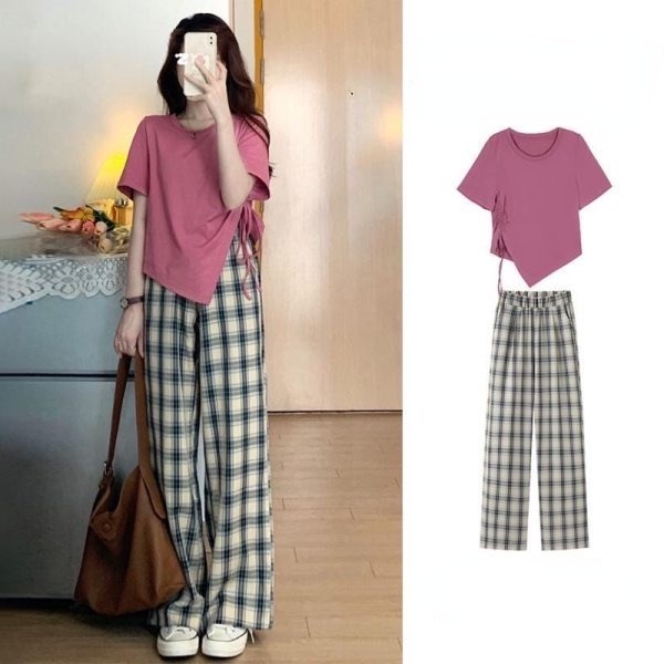 Set Áo Thun Ngắn Tay + Quần Dài Sọc Caro Thời Trang Mới Cho Nữ