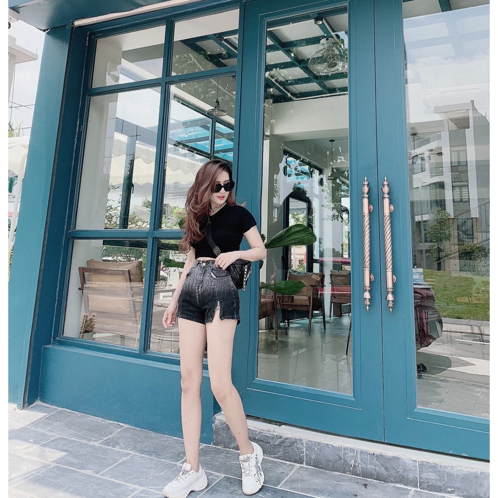 [Jeans nữ thiết kế] Quần sooc bò trơn, quần shorts jeans lưng cao túi chéo khóa gấu lệch. Mã S0105 | BigBuy360 - bigbuy360.vn