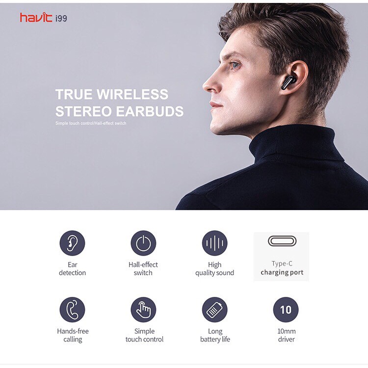 Tai nghe Bluetooth Havit I99 thế hệ mới - True Wireless 5.0 cảm ứng vuốt trượt, chơi game và đàm thoại hạn chế trễ