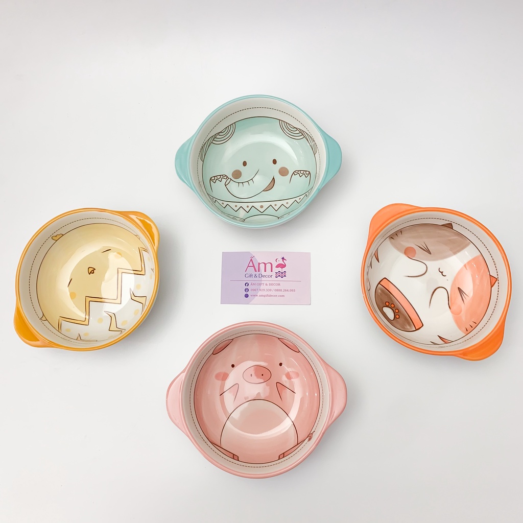 Bát Sứ Ăn Dặm Cho Bé Có Quai Cầm Ấm Baby Dung Tích 310ml Hình Động Vật Dễ Thương Ấm Gift Decor