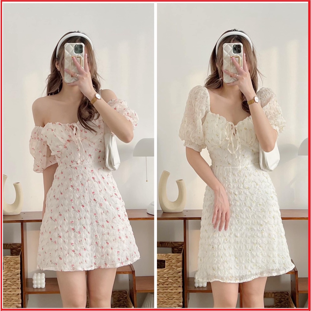 Váy hoa nhí cổ vuông dáng ngắn tay bồng, Đầm tay phồng hoa xốp nổi