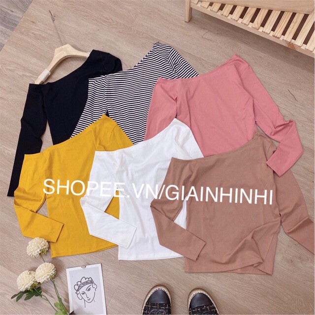 Áo thun lệch vai dài tay xỏ ngón, Áo kiểu trễ vai dài tay vải cotton co giãn CS1333 - NhiNhiShop