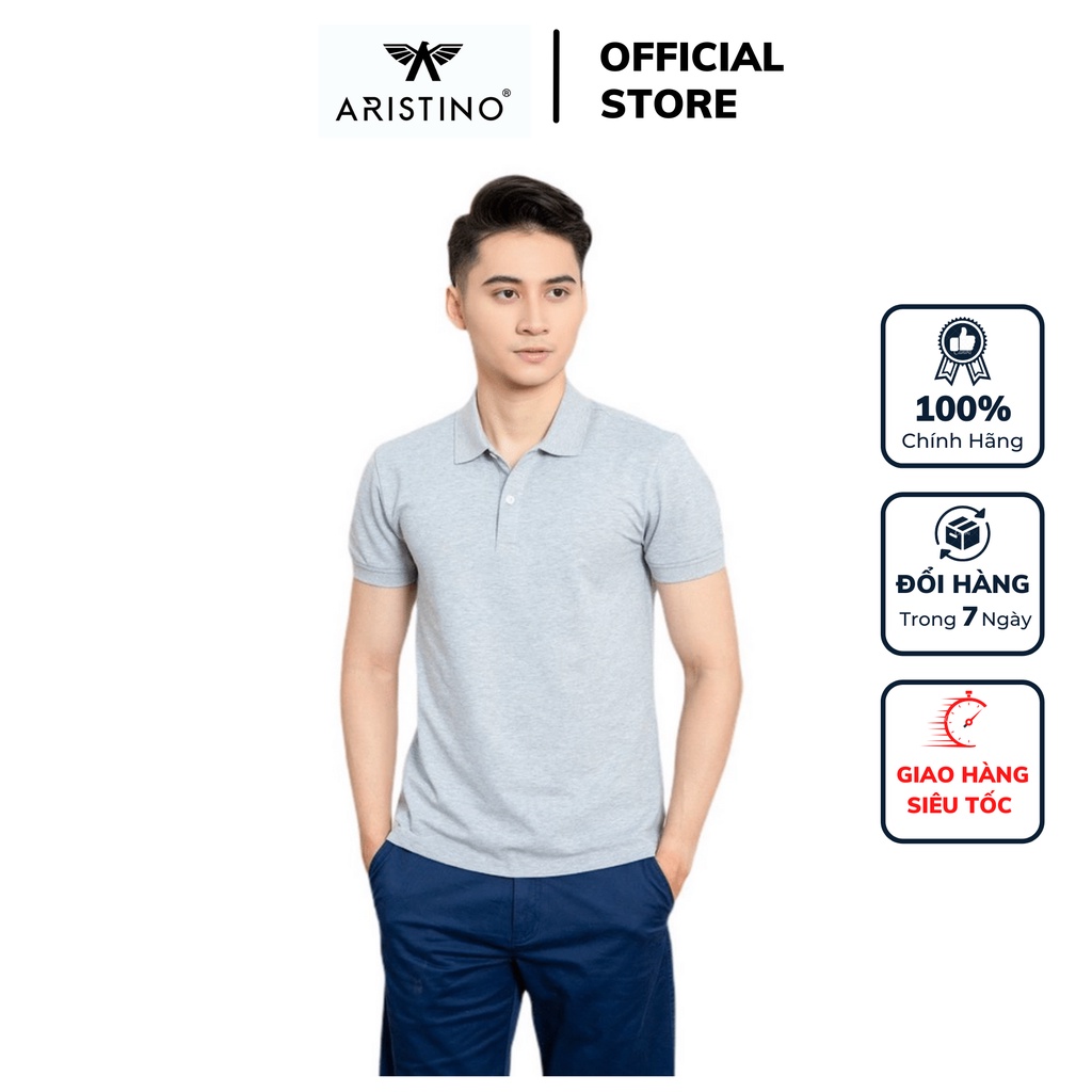 Áo thun polo nam Aristino APSR02 phông ngắn tay có cổ bẻ dáng slim fit ôm nhẹ màu xám trơn vải CVC cao cấp mềm mát