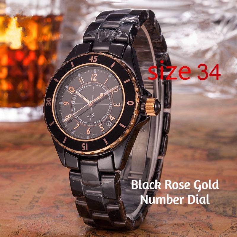 ĐỒNG HỒ NỮ UNISEX DÂY ĐÁ CERAMIC -MÀU ĐEN/TRẮNG - VỎ ROSEGOLD - SIZE 34MM / 40MM