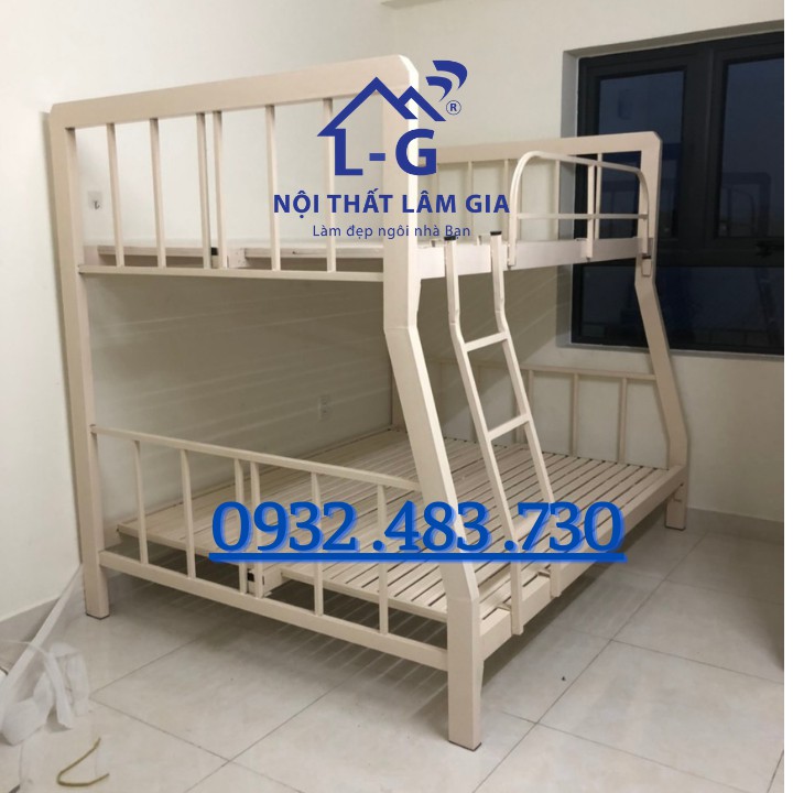 Giường sắt hộp 2 tầng cao cấp kích thước 1m4x1m6-2m màu kem sữa (HCM)