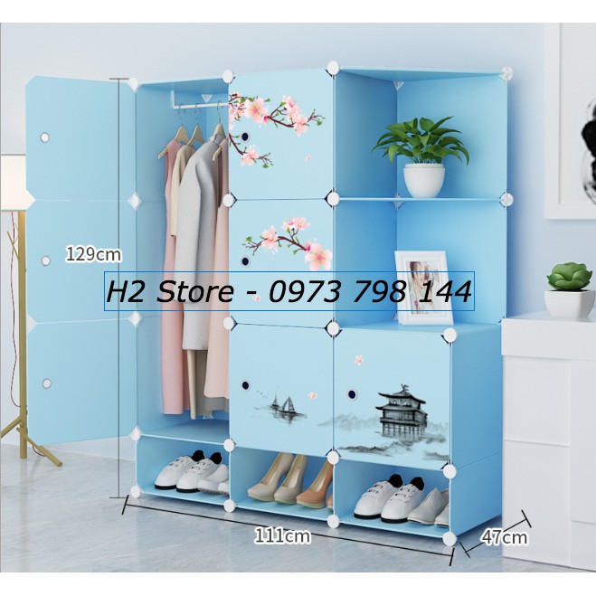 TỦ NHỰA LẮP GHÉP 9 Ô + 3 Ô GIÀY (GỒM 2 KỆ GÓC) CỬA HOA ĐÀO ĐA NĂNG THÔNG MINH sâu 47cm