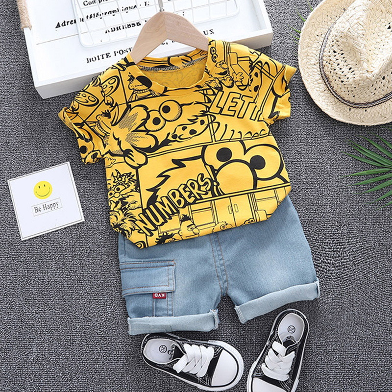 Set Áo Thun Tay Ngắn & Quần Short Jeans Thời Trang Cho Bé Trai Từ 0-5 Tuổi