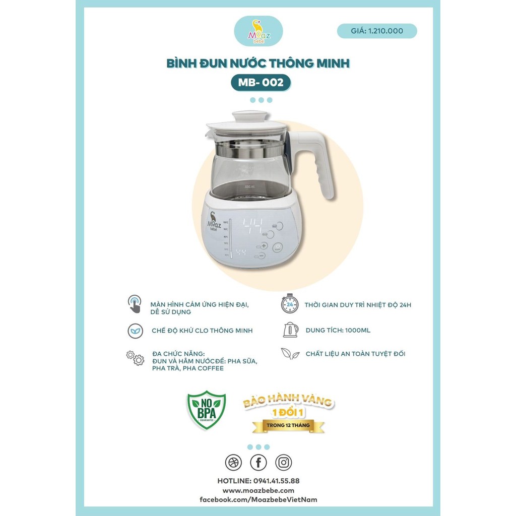 Ấm Đun Nước/ Bình Đun Nước Moaz bébé BPA Free, Có Chế Độ Khử Clo Thông Minh [Hàng Chính Hãng, BH 12 Tháng]