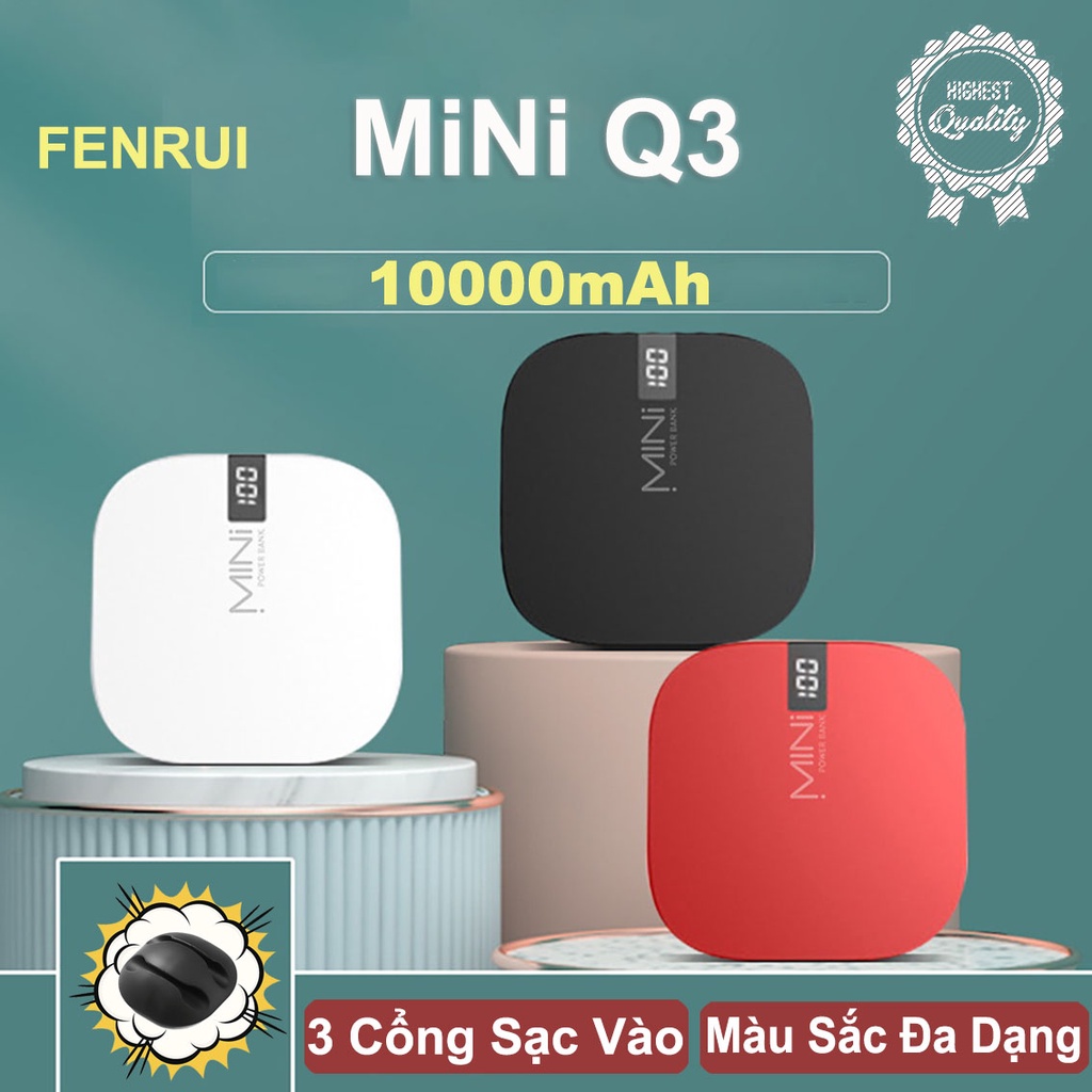 Sạc Dự Phòng Q3 mini 10000mAh Đèn Led Chữ Số 3 cổng đầu vào Android, Lightning,Type-C,2 Cổng Đầu Ra 