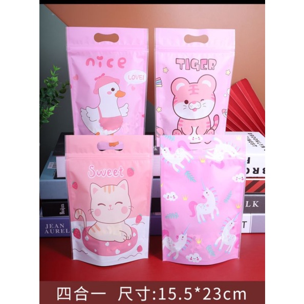 Túi zip đựng bánh kẹo nougat màu hồng cute 4 mẫu 1set 10 cái
