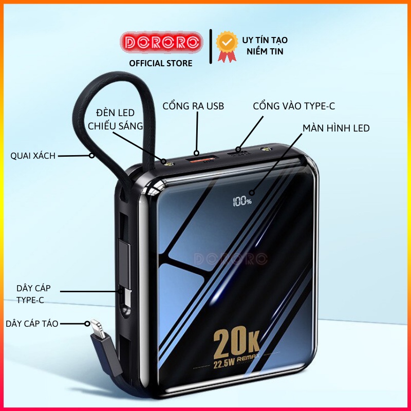 Sạc dự phòng  REMAX 20000mAh /10000mAh 22.5W RPP-51/RPP-285 - Pin dự phòng REMAX có cáp sạc nhanh cho IP và Android