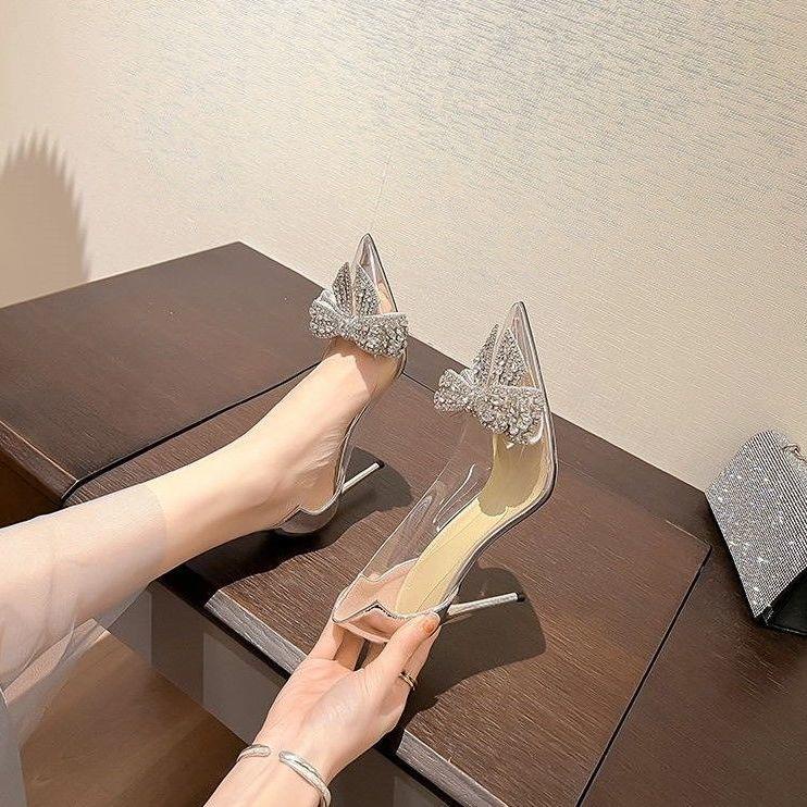 Giày Cao Gót Mũi Nhọn Đính Đá Trong Suốt Thời Trang Xuân Hè Sang Trọng Cho Nữ