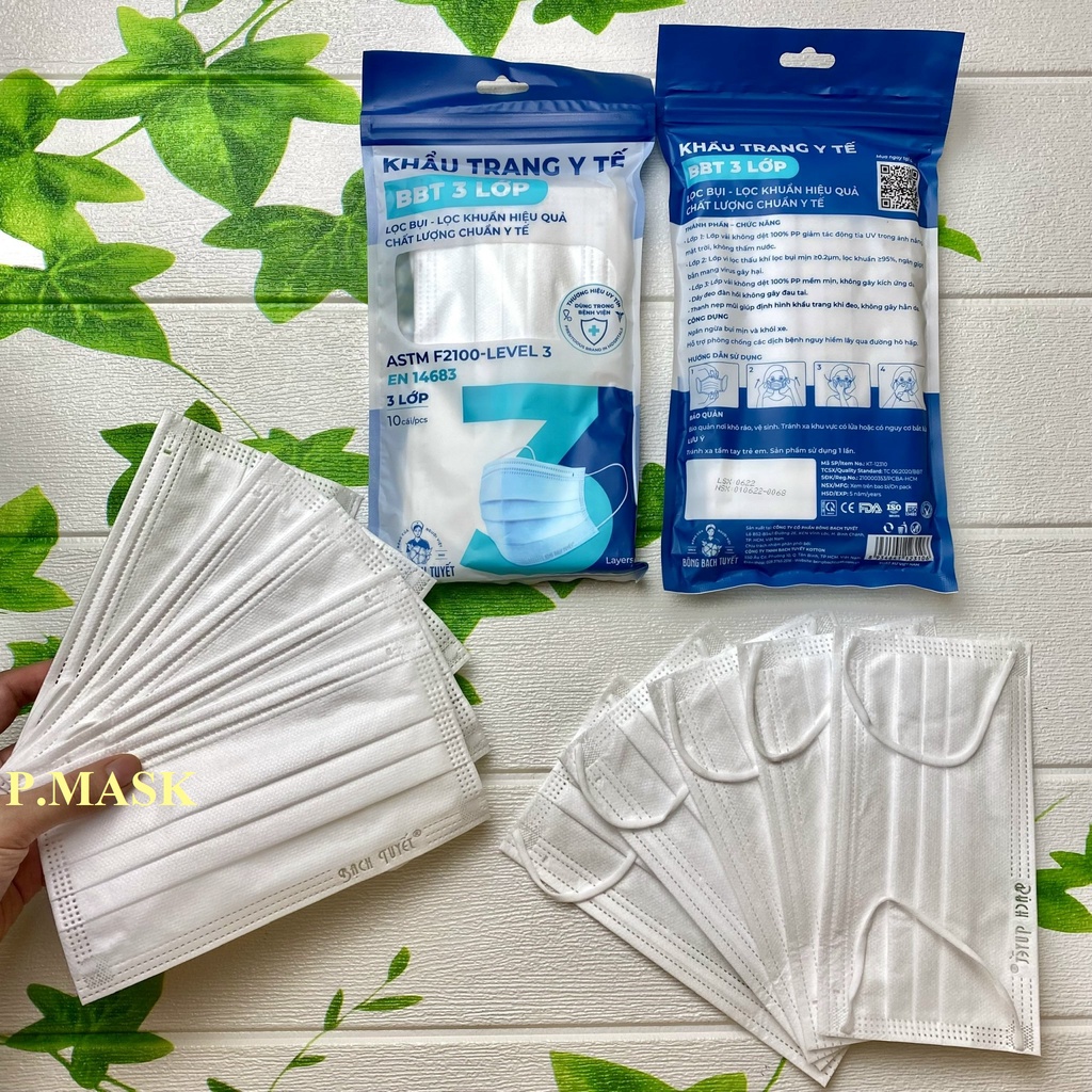 Khẩu trang y tế BÔNG BẠCH TUYẾT 3 LỚP màu Trắng, Xanh 10 cái/ gói