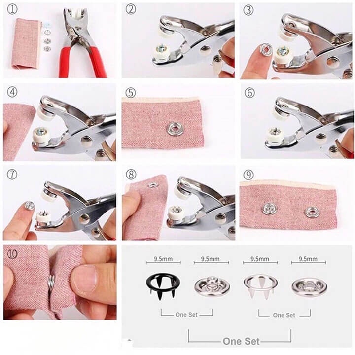 Kìm Bấm Cúc Vành Áo Kim Loại Đa Năng Bộ Kìm Bấm Khuy Kèm Cúc Bấm 9.5mm Thép Không Gỉ, Khoen Ore Quần Áo Tiện Lợi