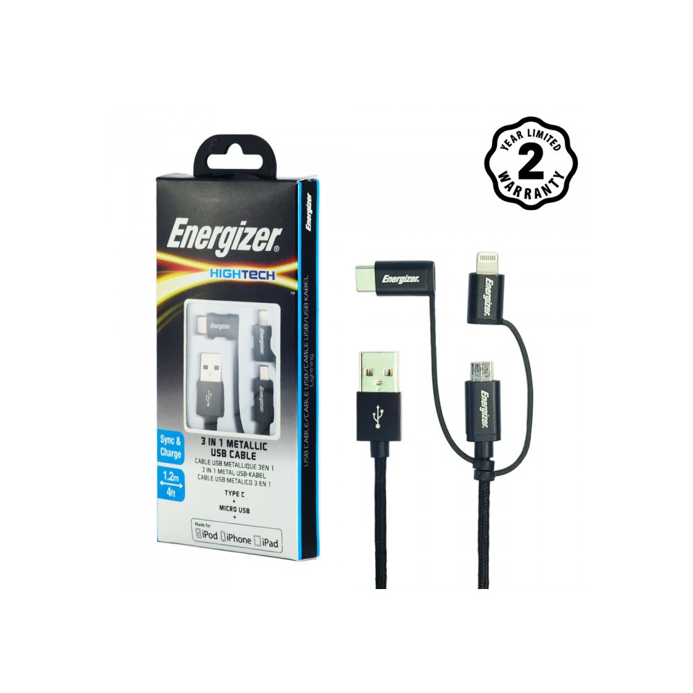 Cáp sạc 3 trong 1 Energizer Metallic MFi Lightning MicroUSB USB Type-C dài 1.2m-C13UBX3CF