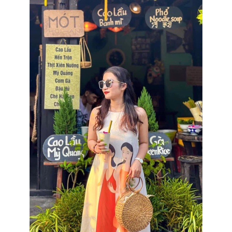 Đầm maxi, váy 2 dây cổ yếm hoạ tiết cô gái áo dài siêu xinh( Có ảnh và video thật) | BigBuy360 - bigbuy360.vn