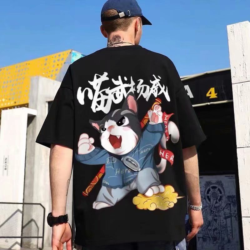 Áo thun tay ngắn cổ tròn dáng rộng in hình mèo Kung Fu cá tính size M-5XL cho nam nữ