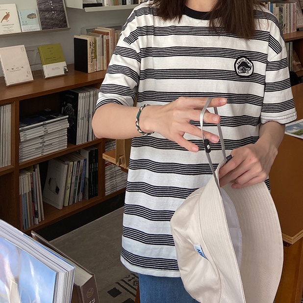 SUXI Áo Thun Ngắn Tay Cổ Tròn Họa Tiết Sọc Thêu Thời Trang Cho Nữ