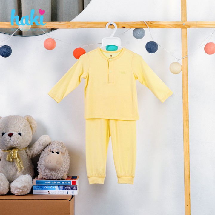 Bộ quần áo dài tay Haki cho bé trai bé gái sơ sinh tới 3 tuổi thiết kế cổ trụ vải sợi tre cotton BB011