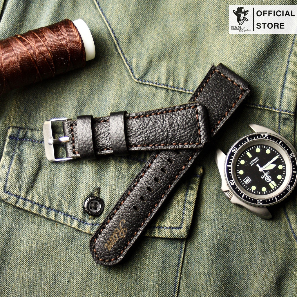 Dây Đồng Hồ Da Thật RAM Leather 1955 Da Dê Đen Tuyền Vân Alran Tự Nhiên Bền Đẹp