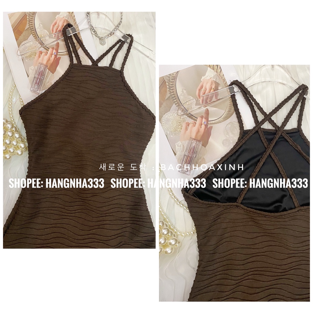 NEW ARRIVAL || Đầm midi cổ yếm chất thun gân sóng 2 Lớp dây đan lưng body thiết kế hở lưng họa tiết nổi Ulzzang