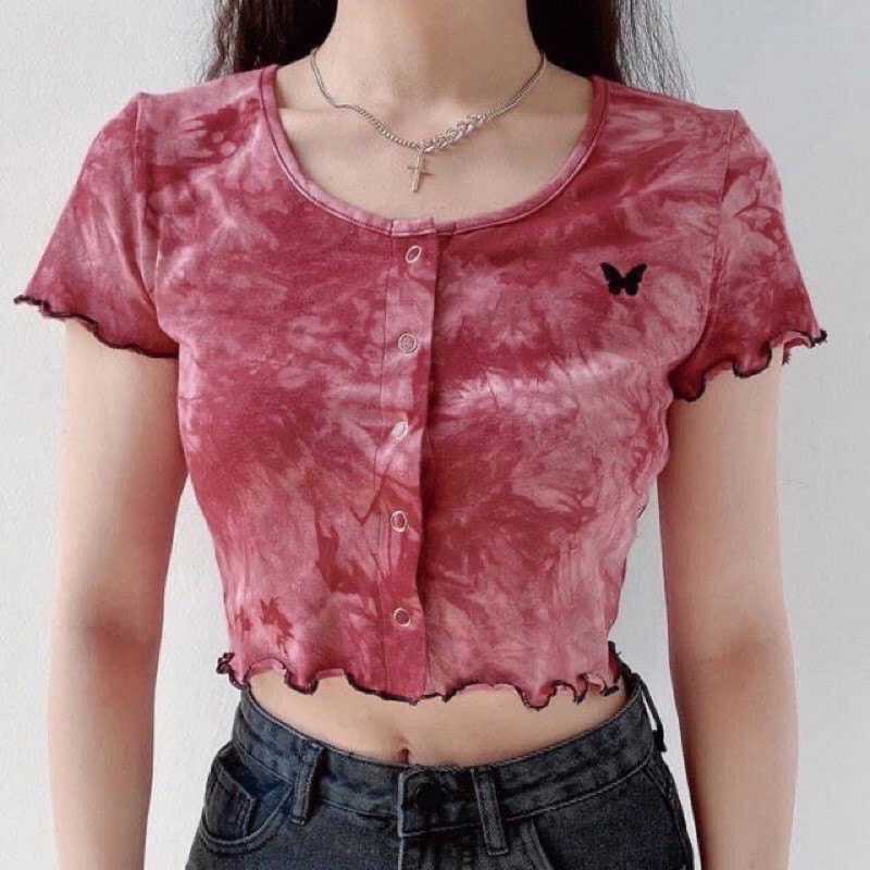Áo Croptop Body Cổ Tròn Tay Ngắn Cúc Bấm Loang Màu Thêu Bướm  A5086