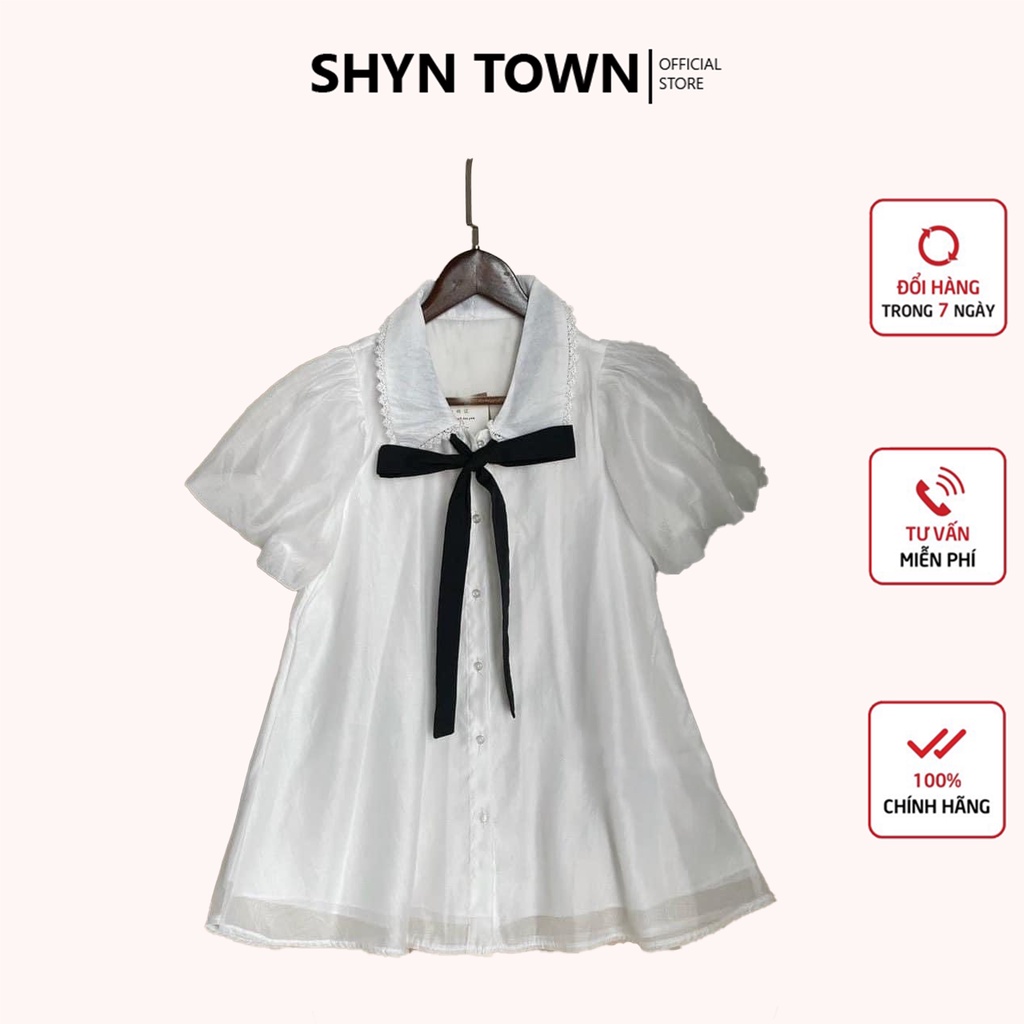 Áo nữ tơ lụa dáng suông tay bồng babydoll, Kiểu áo buộc nơ điệu đà tay phồng nữ tính