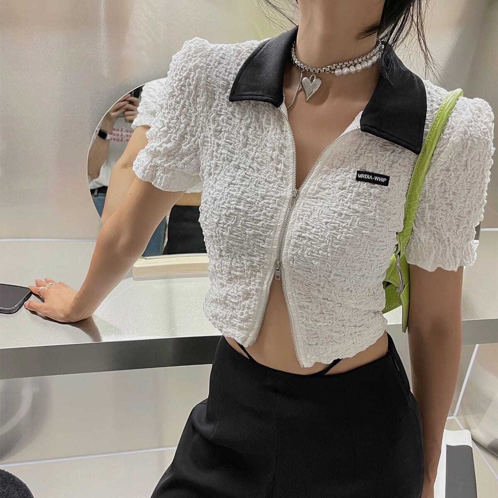 Áo Thun Croptop Ngắn Tay Dáng Ôm Có Khóa Kéo Thời Trang Cho Nữ