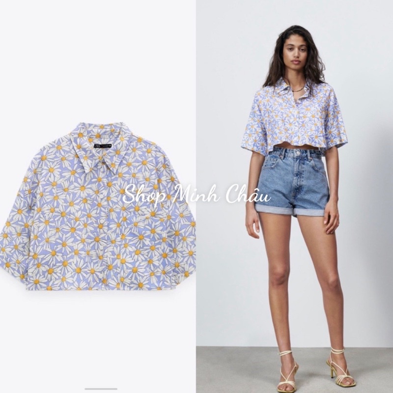 (Sẵn) Áo sơ mi croptop hoa cúc Zarraa canh sale, ảnh thật