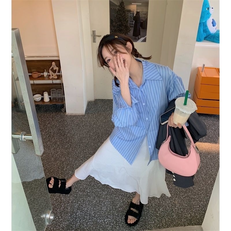 Áo Sơ Mi Tay Dài Hở Lưng Họa Tiết Sọc Thời Trang Cho Nữ