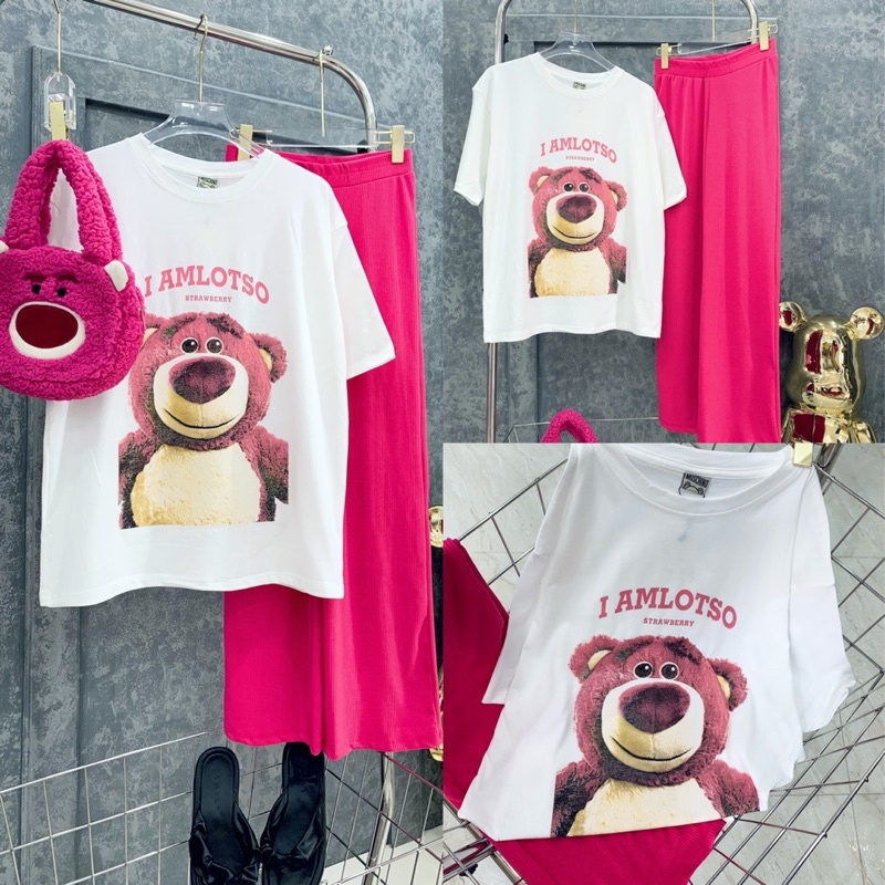Set áo cotton gấu lotso xinh xắn quần suông hồng hình thật W4