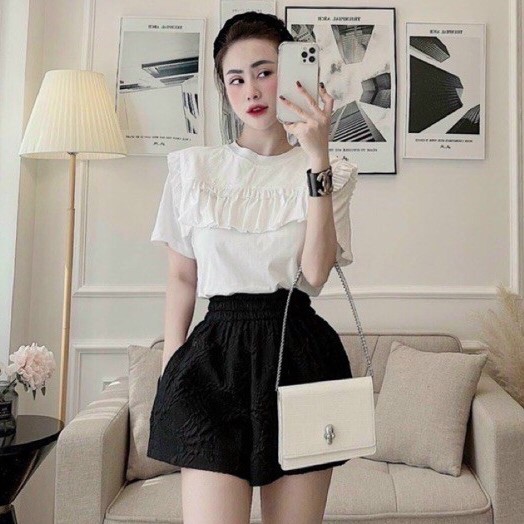 Áo thun kiểu bèo ngực ngắn tay, Áo kiểu cổ tròn viền bèo co giãn CS233 - NhiNhi Shop