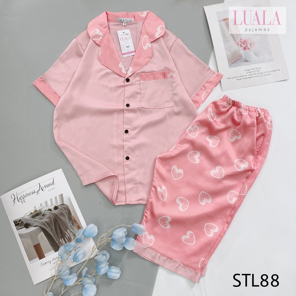 LUA LA PYJAMAS - Bộ Lụa Satin Ngố Tim Chấm