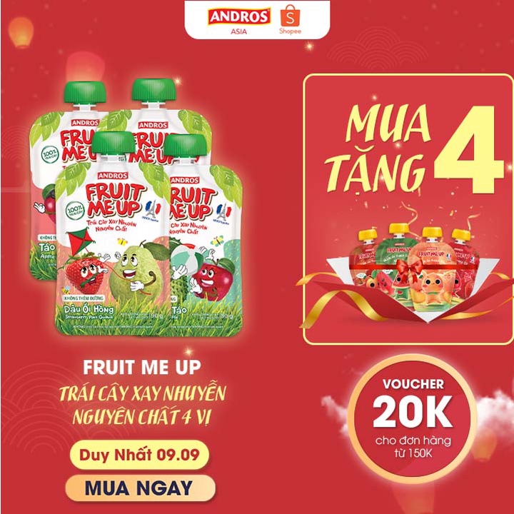 Trái Cây Xay Nhuyễn Vị Hỗn hợp 4 vị - 100% trái cây thật - ANDROS FRUIT ME UP - 90gx4