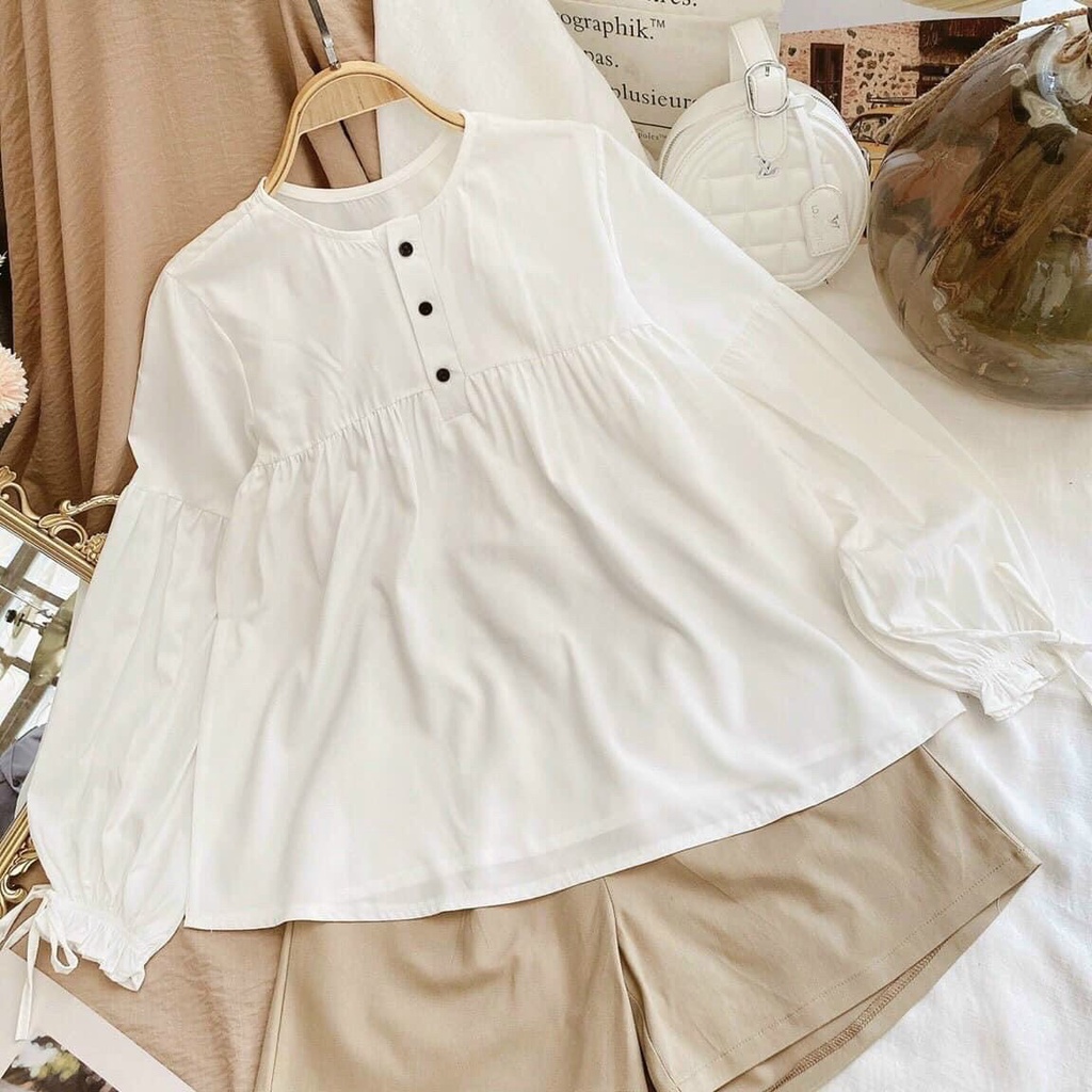Set bộ quần áo nữ áo dài tay babydoll quần đùi chất kaki xinh xắn nhẹ nhàng chất mát PANOSI - B209