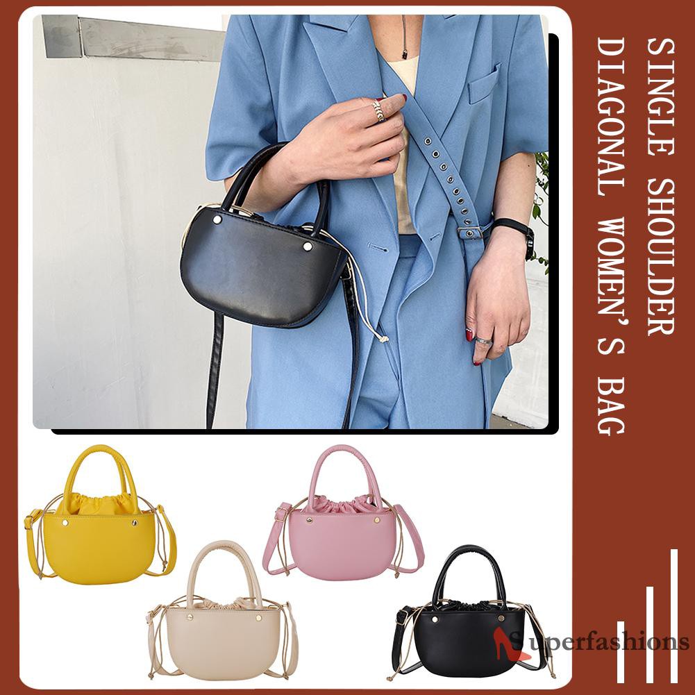 【Hot Sale】Fashion Women Drawstring Solid Color PU Shoulder Bag Top-handle Handbags