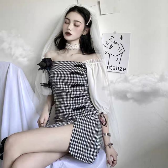 //SỈ BẰNG LẺ // Đầm sườn xám cách tân karo đen cô gái quyến rũ xẻ trung hoa kiểu mới hot hit rẻ đẹp