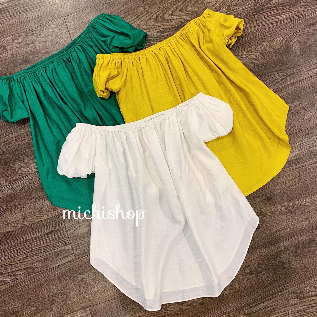 Áo trễ vai tay chun màu xanh-vàng-trắng chất đũi mát dáng oversize - 80A01
