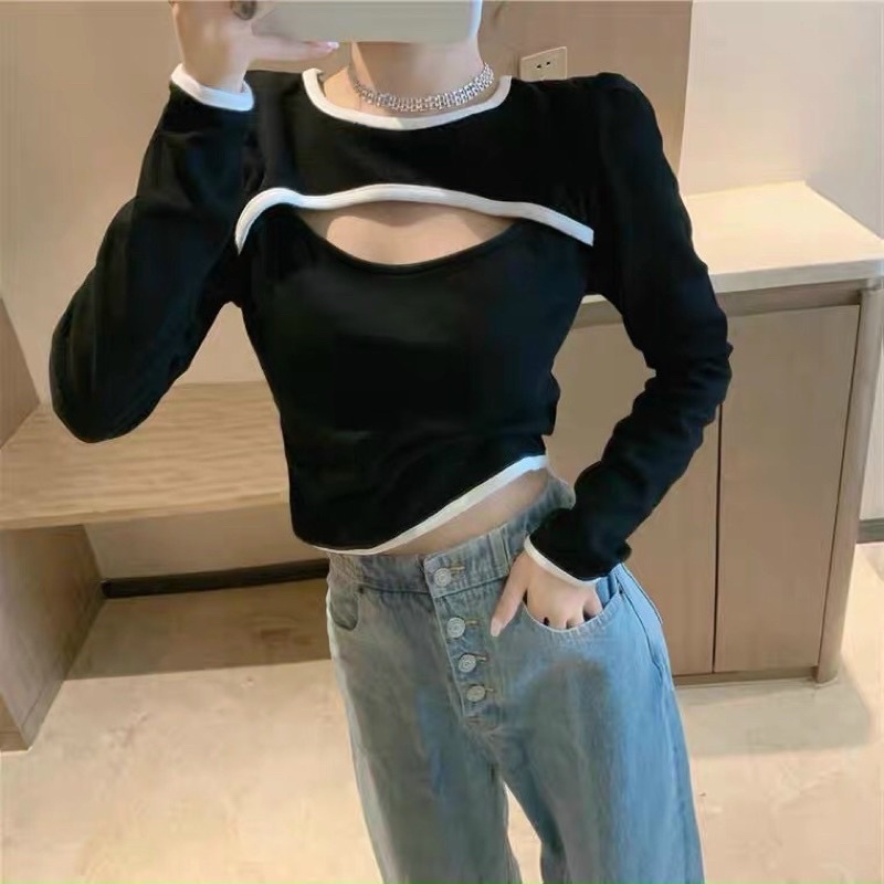 Áo kiểu croptop tay dài phối kiểu Hàn Quốc