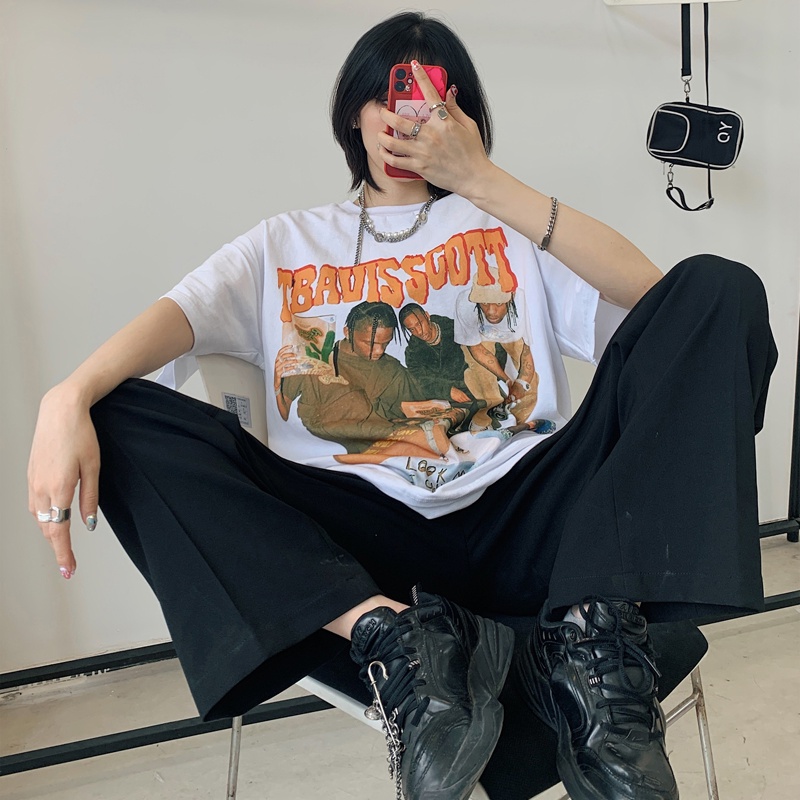 Happy-store  Áo Thun TRAVIS SCOTT Tay Ngắn In Hình Cá Tính Phong Cách Hip Hop Hàn Quốc