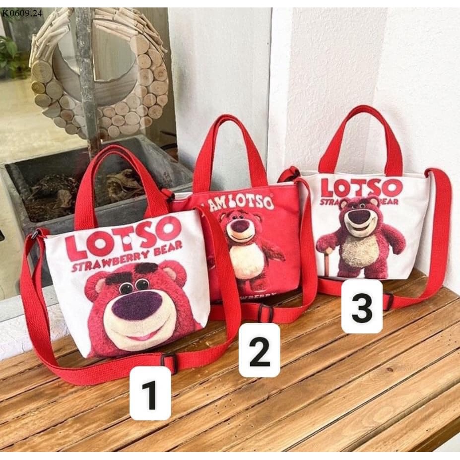 Túi gấu  LOTSO - Túi đeo vaivải canvas in hình gấu/ dâu tây thời trang dễ thương (sỉ hot)