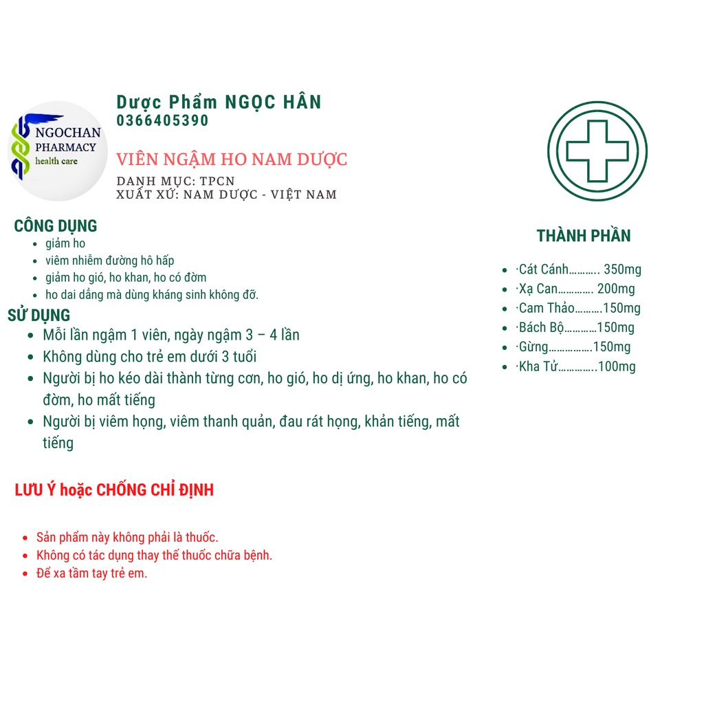 Viên Ngậm ho Nam Dược| Hỗ Trợ Giảm Ho, Đau Rát Họng| Hộp 10 vỉ x 4 viên| Nam Dược