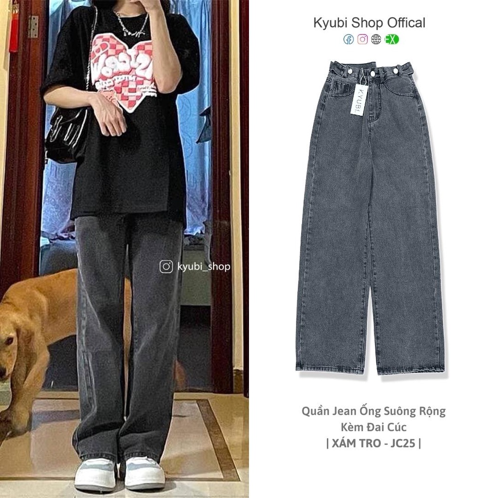 Quần jean nữ ống rộng đen xám phong cách Ulzzang School  - Quần jeans baggy suông Kyubi JC25