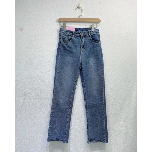 Quần jeans suông cắt gấu co dãn cạp cao màu siêu tây kèm ảnh thật