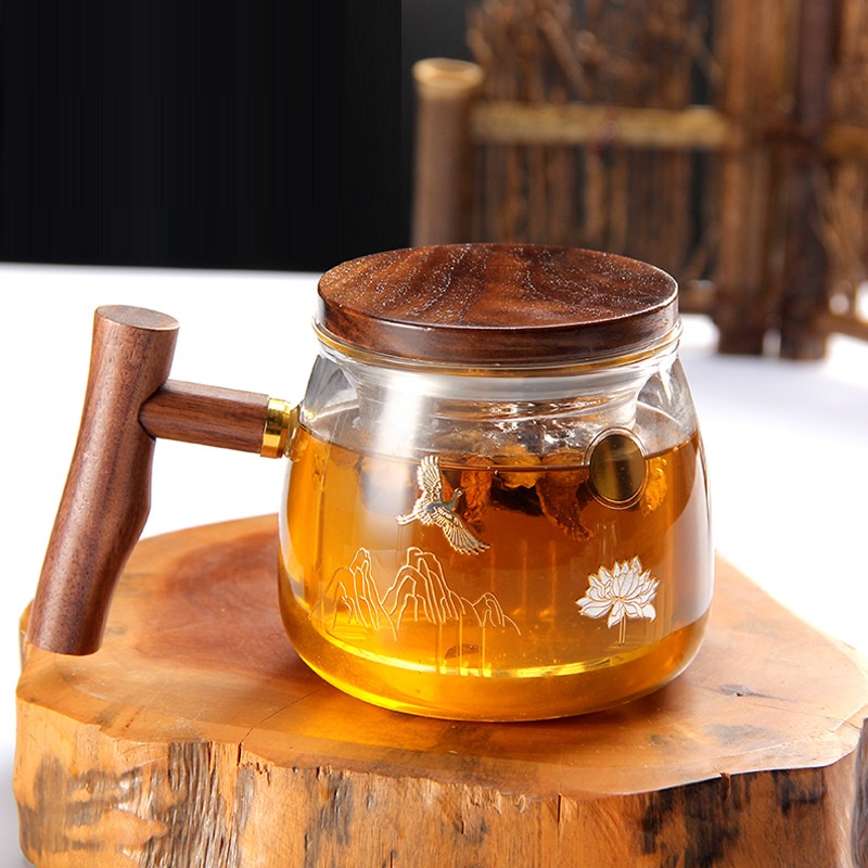 Bình, Ly cốc thủy tinh pha trà có lõi lọc và nắp đậy (Tay Cầm Gỗ 450 ml)
