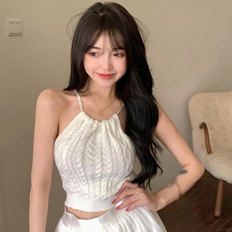Áo Cổ Yếm Đan Lụa Hở Lưng Màu Trơn Phong Cách Hàn Quốc Thời Trang Mùa Hè Quyến Rũ Dành Cho Nữ