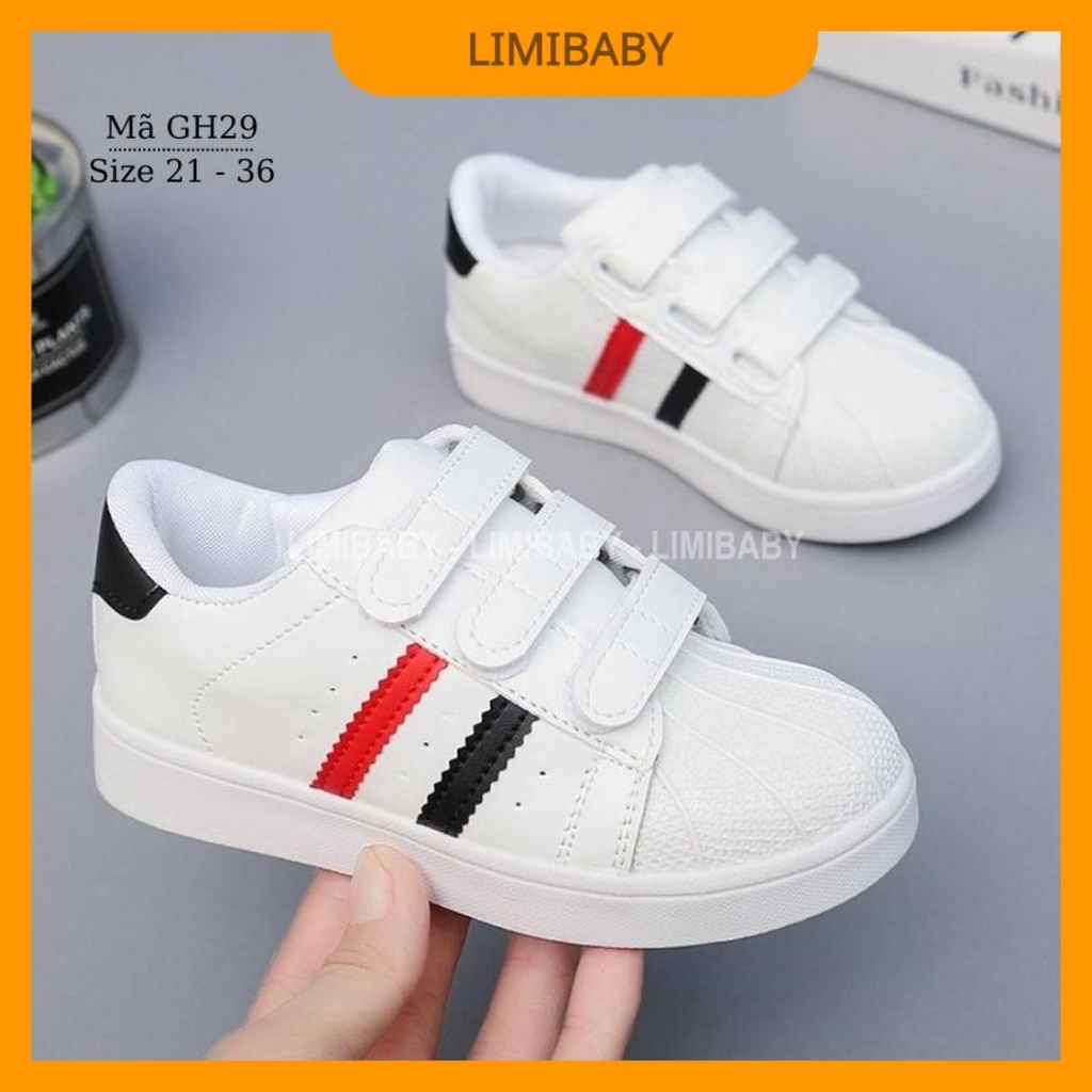 Giày trẻ em LIMIBABY, giày thể thao cho bé trai bé gái trắng 2 sọc đen đỏ đi học đi chơi 1 đến 10 tuổi cá tính GH29