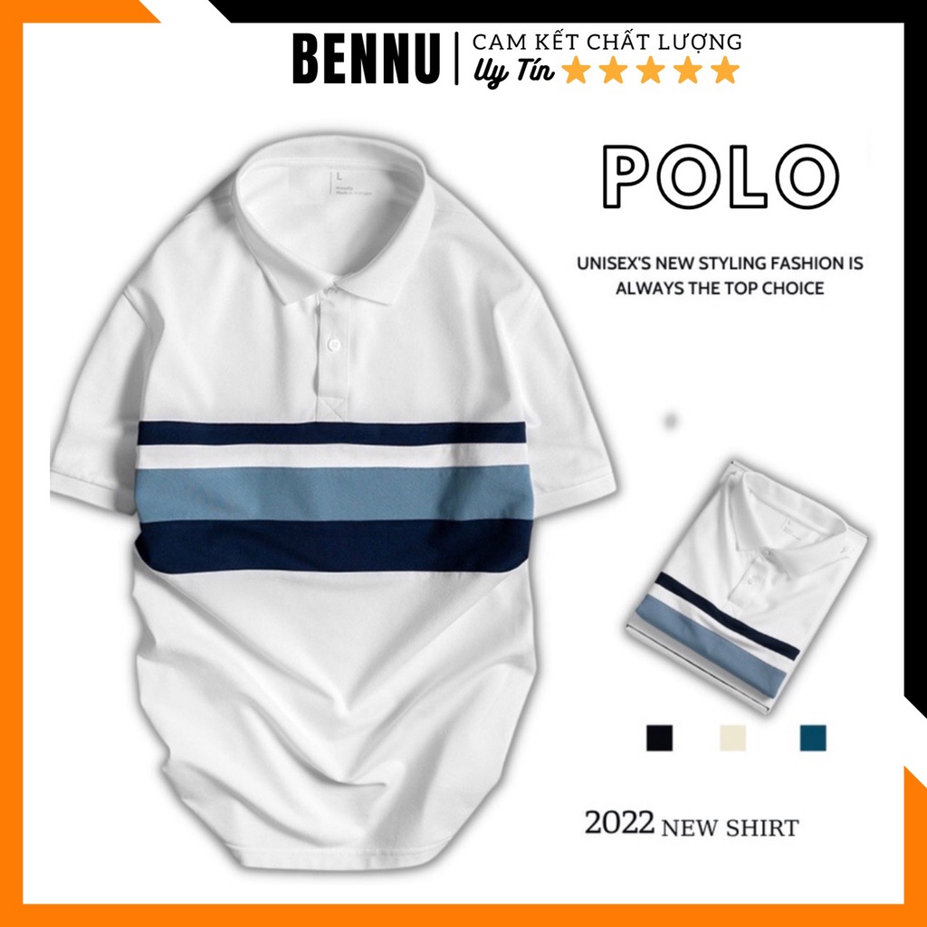 Áo thun nam POLO trơn 💕 vải cá sấu cotton cao cấp ngắn tay cực sang trọng, Màu Trắng Viền Xanh - Mã: P2