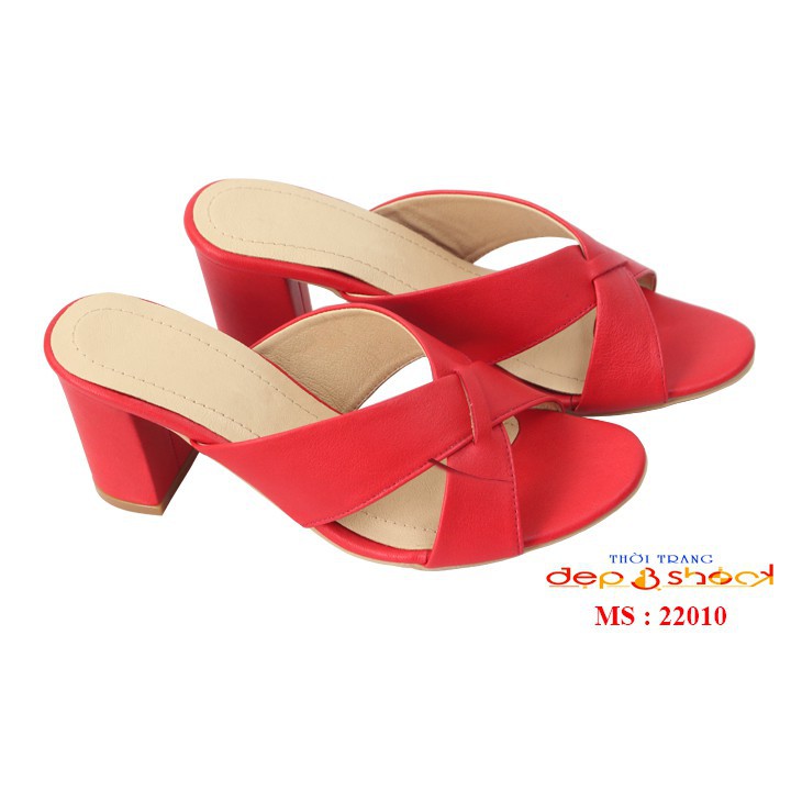 Dép guốc quai chéo da bò thật màu đỏ gót vuông 7cm _ 22010